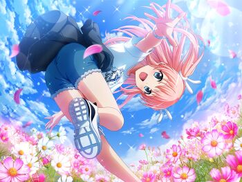 1girl bent_over black_jacket blue_eyes blue_shorts blue_sky clothes_around_waist clothes_writing cosmos_(flower) day falling_petals field flower flower_field from_behind from_below game_cg jacket jacket_around_waist leg_up long_hair looking_at_viewer looking_back looking_down nonomiya_lalafin official_art open_mouth outdoors outstretched_arms petals pink_flower pink_hair running shirt shoe_soles shoes short_sleeves shorts shoujo_kageki_revue_starlight shoujo_kageki_revue_starlight_-re_live- sky sneakers solo spread_arms standing standing_on_one_leg two_side_up white_flower white_shirt white_shoes wristband