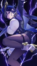 Rule 34 | 1girl, ankle boots, arm up, ascot, black background, black corset, black pantyhose, blue ascot, blue cape, blue hair, blue hat, boots, breasts, cape, clorinde (genshin impact), closed mouth, commentary request, corset, dark background, dark blue hair, drop earrings, earrings, electricity, epaulettes, fold-over boots, framed breasts, genshin impact, hat, hat feather, high heels, highres, jewelry, large breasts, long hair, long sleeves, looking at viewer, multicolored hair, pantyhose, partial commentary, purple cape, purple eyes, purple hair, serious, shirt, solo, streaked hair, tasukun13, taut clothes, taut shirt, thigh strap, thighs, tricorne, vision (genshin impact), white footwear, white shirt