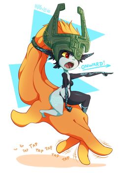 1girl black_skin blue_skin breasts colored_sclera colored_skin english_text helmet highres huffslove midna nintendo orange_hair pear-shaped_figure prehensile_hair red_eyes small_breasts solo the_legend_of_zelda the_legend_of_zelda:_twilight_princess yellow_sclera