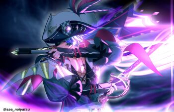 Rule 34 | 1boy, asymmetrical dual wielding, blue hair, blue shirt, brant (wuthering waves), commentary, cutlass, dual wielding, glowing, gun, hat, hat feather, holding, holding gun, holding sword, holding weapon, male focus, open clothes, open shirt, purple eyes, sae naiyatsu, shirt, short hair, solo, sword, tacet mark (wuthering waves), toned, toned male, tricorne, twitter username, weapon, wuthering waves