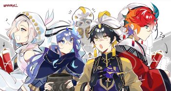 Rule 34 | 4boys, :<, :d, :o, ?, ??, aqua hair, arabian clothes, bare shoulders, black gloves, black hair, black shirt, blonde hair, blue cloak, cloak, clothing cutout, coll (erichankun), earrings, fringe trim, gloves, grey eyes, group name, group picture, hair between eyes, hair over one eye, happy aura, hat feather, highres, hitodama, hizaki gamma, holding, holding lamp, holding scroll, holding vase, holostars, hood, hood up, hooded jacket, jacket, jewelry, kotatsu (yatogami fuma), long hair, long sleeves, looking at animal, looking at object, male focus, medium hair, minase rio, multicolored hair, multiple boys, musical note, official alternate costume, oil lamp, open mouth, orange hair, pink hair, profile, purple eyes, purple hair, purple vest, raccoon, red hair, scarf, scroll, shirt, short hair, shoulder cutout, smile, streaked hair, theft, turban, two-tone hair, upper body, uproar (holostars), utsugi uyu, veil, vest, virtual youtuber, wavy hair, white background, white hair, white jacket, white scarf, white veil, yatogami fuma, yellow eyes, yellow jacket