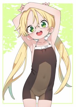 1girl :d armpits arms_up blonde_hair commentary_request commission covered_navel cowboy_shot flat_chest glasses green_eyes loli long_hair looking_at_viewer made_in_abyss nassukun open_mouth paid_reward_available pixiv_commission riko_(made_in_abyss) round_teeth smile solo teeth twintails upper_teeth_only very_long_hair