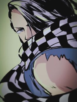 Rule 34 | 1boy, abunaideka, black hair, cabaji, checkered clothes, checkered scarf, commentary request, green background, hair over one eye, highres, looking at viewer, male focus, one piece, scarf, scarf over mouth, short hair, solo, torn clothes, torn sleeves, upper body