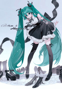 Rule 34 | 1girl, absurdres, aqua eyes, aqua hair, aqua nails, arm behind back, arm tattoo, black ribbon, black shoes, black thighhighs, character name, chinese commentary, closed mouth, commentary request, detached sleeves, dress, frilled dress, frills, gothic (module), hair ribbon, high heels, highres, leaning forward, light blush, long hair, looking at viewer, musical note, musical note print, nail polish, neck ribbon, number tattoo, project diva (series), ribbon, rumoon, shoes, solo, standing, tattoo, thighhighs, twintails, two-tone dress, very long hair, vocaloid, zettai ryouiki