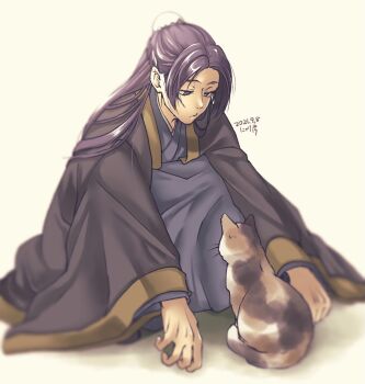 Rule 34 | 1boy, bun cover, calico (pattern), calico cat, cat, chinese clothes, dated, full body, hair bun, half updo, highres, jinshi (kusuriya no hitorigoto), kusuriya no hitorigoto, long hair, looking at another, male focus, parted bangs, purple eyes, purple hair, simple background, sitting, solo, takehide, wide sleeves