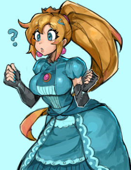 1girl ? blonde_hair blue_background blue_dress blue_eyes blue_eyeshadow blue_nails breasts commentary cosplay cowboy_shot crown dress earrings english_commentary eyeshadow fingerless_gloves gloves gold_crown gown hair_ornament hairclip hands_up high_ponytail highres jewelry large_breasts long_hair makeup making-of_available mario_(series) metroid nintendo paid_reward_available parted_lips pointed_crown ponytail princess_peach princess_peach_(cosplay) puffy_short_sleeves puffy_sleeves saiykik samus_aran short_sleeves sidelocks solo sphere_earrings very_long_hair