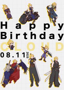 Rule 34 | 1boy, 2025, absurdres, adjusting scarf, armor, bandages, belt, black boots, black cape, black pants, black shirt, black sleeves, blonde hair, blue eyes, boots, braid, brown belt, brown boots, buster sword, cape, character name, chibi, cloak, cloud strife, commentary request, crossdressing, crossdressing (mtf), crossed arms, dated, demon wings, dress, final fantasy, final fantasy vii, final fantasy vii: advent children, final fantasy vii remake, fingerless gloves, flower, fusion swords, gloves, green scarf, grid background, gun, hair between eyes, happy birthday, highres, holding, holding gun, holding weapon, kingdom hearts, knee pads, ktsmmi, lily (flower), male focus, motor vehicle, motorcycle, multiple belts, multiple swords, multiple views, on motorcycle, one eye closed, pants, pauldrons, purple dress, red cloak, scarf, shinra infantry uniform, shirt, shoulder armor, single bare shoulder, single pauldron, single sleeve, single wing, sleeveless, sleeveless turtleneck, solo, spiked hair, suspenders, sword, sword on back, torn cloak, torn clothes, turtleneck, twin braids, waist cape, weapon, weapon on back, wings, yellow flower