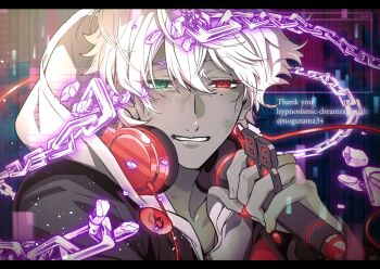 Rule 34 | 1boy, badge, binary, black jacket, broken, broken chain, bruise, bruise on face, button badge, chain, collarbone, colored skin, commentary, copyright name, dark persona, digital dissolve, dirty, dirty face, english commentary, english text, fingernails, floating hair, glitch, glowing, glowing eyes, green eyes, grey skin, grin, hair between eyes, hand up, headphones, headphones around neck, heterochromia, highres, holding, holding microphone, hood, hood down, hoodie, hypnosis mic, hypnosis mic: dream rap battle, hypnosis microphone, injury, jacket, jacket over hoodie, letterboxed, light blush, light particles, long sleeves, looking at viewer, male focus, microphone, mole, mole under eye, narrowed eyes, nogutama34, portrait, red eyes, short hair, smile, solo, thank you, thumb ring, twitter username, white hair, white hoodie, window (computing), yamada ichiro