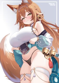 1girl animal_ears bare_shoulders bell black_panties blush braid breasts brown_hair cleavage detached_sleeves fox_ears fox_girl fox_tail green_background green_eyes highres ineedu041_tako jingle_bell large_breasts looking_at_viewer original panties polka_dot polka_dot_panties simple_background solo tail thigh_strap thighs underwear