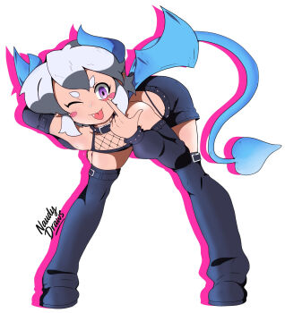 boots collar crop_top crossdressing demon demon_boy demon_horns demon_tail demon_wings detached_sleeves femboy highres horns naudydraws pointy_ears purple_eyes sulfur tail thigh_boots thong trap white_hair wings