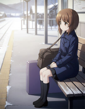 1girl bag bench black_hair black_shoes black_skirt brown_eyes brown_hair girls_und_panzer haiiro_purin looking_at_another nishizumi_miho outdoors park_bench school_bag school_uniform shoes sitting skirt snow solo suitcase train_station