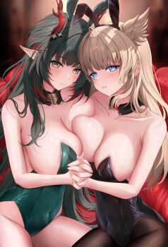 1girl absurdres alternate_costume animal_ear_hairband animal_ears arknights arknights:_endfield asymmetrical_docking bare_arms bare_shoulders bird_ears bird_girl black_hairband black_pantyhose blonde_hair blue_eyes blue_leotard blush breast_press breasts closed_mouth commentary_request dragon_girl dragon_horns fake_animal_ears green_eyes green_hair green_hairband green_leotard hairband highres holding_hands horns huge_breasts interlocked_fingers large_breasts leotard long_hair looking_at_viewer multicolored_hair pantyhose parted_lips partial_commentary perlica_(arknights) playboy_bunny pointy_ears rabbit_ear_hairband rabbit_ears red_hair shouhaku0512 smile strapless strapless_leotard two-tone_hair very_long_hair zhuang_fangyi_(arknights)