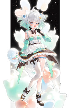 1girl :d absurdres ahoge apron arm_at_side asymmetrical_legwear black_shoes black_skirt blue_bow blue_eyes blush bobby_socks bow breasts commentary detached_collar detached_sleeves dress english_commentary fang full_body gradient_hair green_dress green_hair green_sleeves hair_bow hair_ornament highres holding holding_microphone indie_virtual_youtuber long_sleeves looking_at_viewer maid_headdress microphone mila_(milaart12) mint_fantome mint_fantome_(minto_2.0) multicolored_hair open_mouth shoes short_hair signature single_thighhigh skin_fang skirt sleeve_garter small_breasts smile socks solo standing standing_on_one_leg striped_clothes striped_dress thigh_strap thighhighs triangular_headpiece two-tone_hair uneven_legwear vertical-striped_clothes vertical-striped_dress virtual_youtuber white_apron white_hair white_socks white_thighhighs wide_sleeves x_hair_ornament