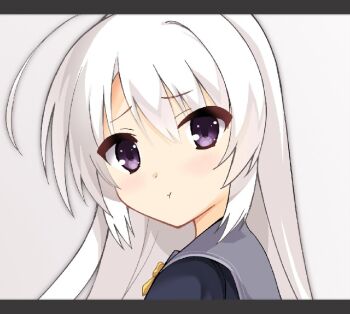 Rule 34 | 1girl, :t, ahoge, ayachi nene, black jacket, blush, bow, bowtie, chinese commentary, closed mouth, commentary request, eyes visible through hair, from side, furrowed brow, fuyou lev, grey hair, grey sailor collar, hair between eyes, huge ahoge, jacket, jpeg artifacts, letterboxed, looking at viewer, portrait, pout, purple eyes, sailor collar, sanoba witch, school uniform, serafuku, sidelocks, simple background, solo, white background, yellow bow, yellow bowtie