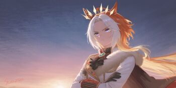 &gt;:( ahoge animal_ears aqua_gemstone ascot black_ascot black_cape black_gloves blue_sky brooch cape chain chain_earrings closed_mouth crossed_arms dusk ear_covers ear_ornament film_grain floating_hair from_below fur-trimmed_jacket fur_trim gem gloves gradient_sky hair_intakes highres horse_ears horse_girl jacket jewelry konatsu_sunset2 lapel_pin lapels long_hair multicolored_hair orange_hair orange_sky orfevre_(umamusume) outdoors pink_sky signature single_ear_cover sky striped_wristband two-tone_hair umamusume upper_body v-shaped_eyebrows very_long_hair white_hair white_jacket wristband