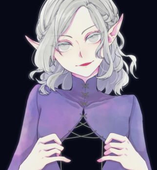 1boy black_background braid dungeon_meshi elf grey_eyes grey_hair half_up_braid high_collar highres hole_in_chest hole_on_body long_sleeves looking_at_viewer male_focus medium_hair mithrun mithrun_(young) nagiyanoto open_mouth pointy_ears shirt simple_background smile solo upper_body wavy_hair