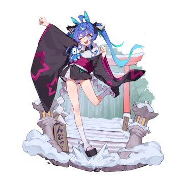 Rule 34 | 1girl, absurdres, ahoge, animal ears, black kimono, blue eyes, blue hair, blush, commentary request, crossed bangs, fur-trimmed kimono, fur trim, highres, horse ears, horse girl, japanese clothes, kim aeeu, kimono, long hair, long sleeves, looking at viewer, multicolored hair, obi, one eye closed, open mouth, sandals, sash, sharp teeth, sidelocks, smile, snow, socks, solo, stone lantern, stuffed animal, stuffed rabbit, stuffed toy, teeth, torii, twin turbo (umamusume), twintails, umamusume, upper teeth only, white socks