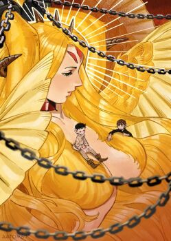 Rule 34 | 1girl, 2boys, aatom87, alternate breast size (larger), arched back, black hair, blonde hair, breasts, brown hair, chain, chilchuck tims, collar, commentary, dandan (dungeon meshi), dungeon meshi, english commentary, fusion, giant, giantess, green eyes, half-closed eyes, highres, horns, large breasts, marcille donato, multiple boys, red collar, winged lion (dungeon meshi), yellow fur