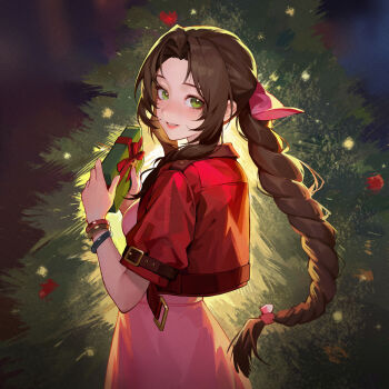 1girl aerith_gainsborough bracelet braid braided_ponytail breasts brown_hair christmas christmas_present christmas_tree commentary cropped_jacket english_commentary final_fantasy final_fantasy_vii final_fantasy_vii_remake from_behind gift green_eyes highres iamc95 jacket jewelry light_smile long_hair looking_at_viewer looking_back multiple_bracelets parted_lips pink_hair red_jacket solo