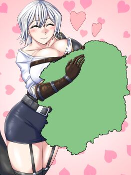 1girl banamei breasts closed_eyes dragon_conqueror garter_belt garter_straps gloves happy heart highres hug large_breasts map reiri_(banamei) smile solo solo_focus thighhighs tochigi_prefecture tomboy white_hair