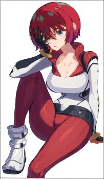 Rule 34 | 1girl, amate yuzuriha, aqua eyes, blush, bodysuit, breasts, cleavage, gundam, gundam gquuuuuux, hair between eyes, highres, kei (soundcross), large breasts, long sleeves, looking at viewer, mecha pilot suit, mobile suit, mobile suit gundam, multicolored bodysuit, open mouth, red hair, short hair, sitting, solo