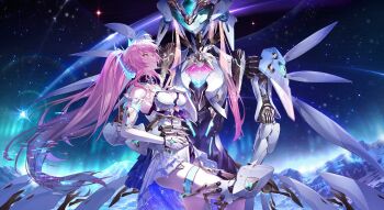 Rule 34 | 1girl, absurdres, aemeath (wuthering waves), aurora, bare shoulders, breasts, bruno kerling, commentary, elbow gloves, english commentary, exostrider (wuthering waves), glitch, gloves, hand on own chest, highres, leotard, long hair, mecha, medium breasts, outdoors, parted lips, pink hair, ponytail, robot, showgirl skirt, skirt, solo, strapless, strapless leotard, tacet mark (wuthering waves), very long hair, white gloves, white leotard, white skirt, wuthering waves, yellow eyes