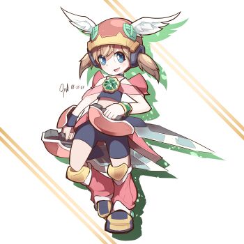 Rule 34 | 1girl, akazukin (otogi-juushi akazukin), bike shorts, blue eyes, bracelet, brown hair, chineseninja, commentary, commentary request, drop shadow, dual wielding, english commentary, full body, helmet, highres, holding, jewelry, leg warmers, low twintails, midriff, mixed-language commentary, open mouth, otogi-juushi akazukin, red leg warmers, solo, twintails, white background, winged helmet