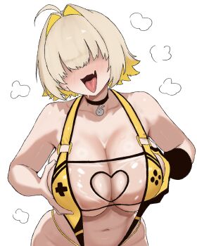 1girl :d absurdres ahoge black_choker blonde_hair blush breasts breasts_squeezed_together choker cleavage collarbone curvy elegg_(boom_and_shock)_(nikke) elegg_(nikke) fang gloves goddess_of_victory:_nikke hair_intakes hair_over_eyes highres huge_breasts navel open_mouth peace_peace009 short_hair simple_background single_glove slingshot_swimsuit smile solo stomach swimsuit tongue tongue_out white_background yellow_slingshot_swimsuit