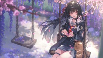 1girl arm_cutout black_choker black_hair black_jacket black_serafuku black_shirt black_skirt chinese_text chisa_(wuthering_waves) choker closed_mouth clothing_cutout commentary hair_ribbon highres jacket logo long_hair long_sleeves looking_at_viewer mole mole_under_eye namipon_(wuthering_waves) neckerchief official_art on_swing pink_nails red_eyes red_neckerchief red_ribbon ribbon sailor_collar school_uniform serafuku shirt sitting skirt smile solo swing swing_set symbol-only_commentary thigh_strap ttosom white_sailor_collar wuthering_waves