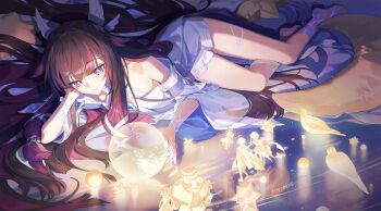 Rule 34 | 1boy, 4girls, absurdres, aether (genshin impact), barefoot, bird, black hair, columbina (genshin impact), commentary request, crescent, dress, elbow rest, full body, genshin impact, hair spread out, hand on own head, head wings, highres, long hair, lumine (genshin impact), lying, memdic (srs00108), moon-shaped pillow, multicolored hair, multiple girls, off-shoulder dress, off shoulder, on side, paimon (genshin impact), pillow, pulonia (genshin impact), purple eyes, purple hair, sandrone (genshin impact), smile, star-shaped pillow, wings