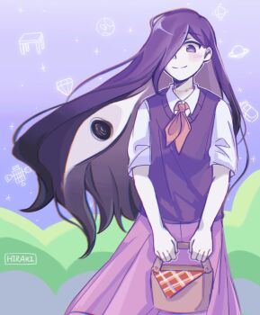 1girl alternate_hair_color alternate_hairstyle aoihiraki black_hair blush closed_mouth collared_shirt colored_skin commentary gradient_hair hair_over_one_eye highres holding_picnic_basket long_hair looking_at_viewer mari_(headspace)_(omori) mari_(omori) multicolored_hair neckerchief omori picnic_basket pleated_skirt purple_eyes purple_hair purple_sky purple_sweater_vest red_neckerchief red_skirt shirt short_sleeves skirt sky smile solo something_(omori) spoilers sweater_vest symbol-only_commentary white_shirt white_skin