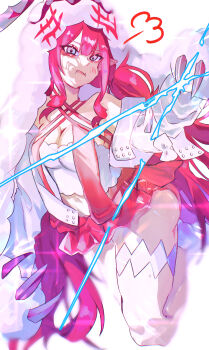 1girl absurdres baobhan_sith_(fate) baobhan_sith_(swimsuit_pretender)_(first_ascension)_(fate) blush breasts cernunnos_(fate) character_hood fate/grand_order fate_(series) grey_eyes headwear_with_attached_mittens highres jacket looking_at_viewer navel pink_skirt pointy_ears pout sidelocks skirt solo umeshu_kan white_jacket