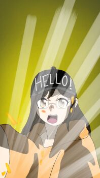 1girl baseball_cap black-framed_eyewear black_hat breasts brown_eyes brown_hair curled_fingers digimon digimon_frontier digivice energy eyelashes f20000 female_focus full_body glasses hair_between_eyes hat henshin highres hood hoodie long_hair looking_at_viewer matching_hair/eyes neck open_mouth orange_hoodie original outstretched_arms short_sleeves shouting sidelocks small_breasts spirit_evolution upper_body wristband