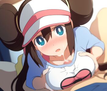1girl blue_eyes blur_censor blurry blurry_background blush breasts brown_hair censored closed_mouth collarbone commentary_request cum cum_on_body curakuru double_bun facial grabbing_own_breast hair_between_eyes hair_bun highres large_breasts nintendo nose_blush open_mouth paizuri paizuri_under_clothes penis pokemon pokemon_bw2 pov raglan_sleeves rosa_(pokemon) shirt solo_focus strap visor_cap white_shirt