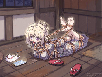 1girl absurdres ball_gag bang_dream! bang_dream!_it&#039;s_mygo!!!!! barefoot bdsm blonde_hair bondage bound bound_arms breast_bondage breasts cellphone commentary_request crossed_ankles dated drooling fox_mask gag highres hogtie indoors japanese_clothes kimono large_breasts lying mask misumi_uika nero_augustus official_alternate_costume on_stomach one_side_up partial_commentary phone ponytail purple_eyes sandals shibari short_ponytail smartphone soles solo twitter_username unworn_mask unworn_sandals window wooden_floor yukata zouri
