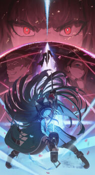 1boy 2girls absurdres animal_ear_fluff animal_ears arm_out_of_sleeve bent_over black_hair bright_pupils constricted_pupils earrings evil_grin evil_smile fingerless_gloves gauntlets gloves grin hair_over_one_eye highres holding holding_sheath holding_sword holding_weapon hollow_(zenless_zone_zero) hoshimi_miyabi id_card jacket jewelry justin_bringer long_hair long_sleeves looking_at_viewer multiple_girls necktie odd_(hin_yari) pantyhose red_eyes sarah_(zenless_zone_zero) scabbard sheath sheathing shirt shoes short_hair single_fingerless_glove single_gauntlet single_glove skirt slashing smile standing sword v-shaped_eyebrows very_long_hair weapon white_pupils wide_sleeves zenless_zone_zero