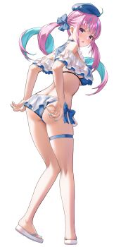 1girl absurdres adjusting_clothes adjusting_swimsuit ahoge alternate_costume aqua_hair arched_bangs arms_up ass beret bikini blue_bikini blue_hat blunt_bangs braid breasts colored_inner_hair commentary_request cone_hair_bun drill_hair faubynet flip-flops frilled_bikini frills full_body hair_bun half_up_braid hat highres hololive large_breasts long_hair looking_at_viewer median_furrow minato_aqua multicolored_hair navel open_mouth pink_hair purple_eyes sandals side-tie_bikini_bottom simple_background solo streaked_hair swimsuit thigh_strap transparent_background twin_drills twintails two-tone_hair virtual_youtuber white_sandals yellow_eyes