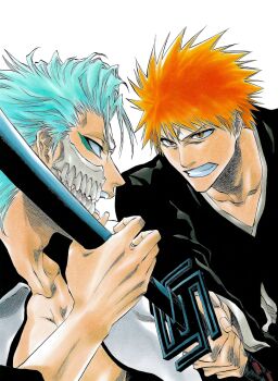Rule 34 | 2boys, bankai, bleach, blue eyes, blue hair, brown eyes, cropped jacket, espada, fighting, grimmjow jaegerjaquez, holding, holding sword, holding weapon, hollow mask, japanese clothes, kubo tite, kurosaki ichigo, multiple boys, official art, orange hair, short hair, simple background, spiked hair, sword, teeth, tensa zangetsu (bankai), upper body, weapon, white background, zanpakutou