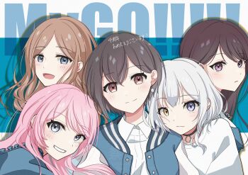 5girls :3 bang_dream! bang_dream!_it's_mygo!!!!! blue_eyes blue_jacket blush brown_eyes brown_hair charorudo_0818 chihaya_anon closed_mouth commentary_request earrings grey_eyes group_name heterochromia highres jacket jewelry kaname_raana long_hair multiple_girls mygo!!!!!_(bang_dream!) nagasaki_soyo open_mouth parted_bangs parted_lips pink_hair purple_eyes shiina_taki shirt short_hair single_earring takamatsu_tomori white_hair white_shirt yellow_eyes