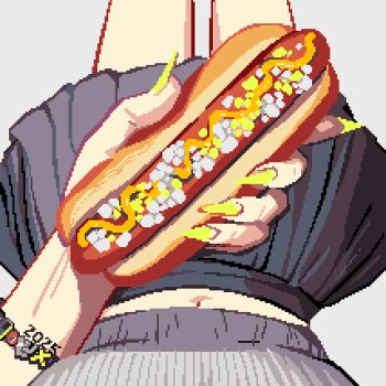 Rule 34 | 1girl, 2025, black skirt, bracelet, breasts, commentary, english commentary, female pov, fingernails, food, grey sweater, holding, holding food, hot dog, jewelry, long fingernails, medium breasts, midriff, miniskirt, navel, number tattoo, original, pov, sitting, skirt, solo, sweater, tattoo, thisislux, yellow nails