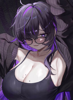 1girl absurdres arm_up armpits bags_under_eyes black-framed_eyewear black_cardigan black_dress black_hair blush breasts cardigan cleavage collarbone colored_inner_hair commentary_request dress glasses goddess_of_victory:_nikke hair_over_one_eye highres label_(nikke) large_breasts lechiennoir long_hair looking_at_viewer mole mole_on_breast multicolored_hair one_eye_covered open_cardigan open_clothes purple_hair sleeveless sleeveless_dress smile solo streaked_hair sweat two-tone_hair upper_body very_long_hair