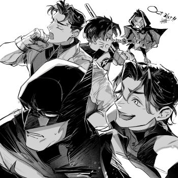 artist_name bat_signal batman batman_(series) batman_symbol black_hair blue_eyes bodysuit brown_jacket bruce_wayne cape cowl damian_wayne dc_comics dick_grayson gloves grey_bodysuit highres insignia jacket jason_todd male_focus monochrome multicolored_bodysuit multiple_boys muscular muscular_male nightwing red_hood_(dc) robin_(dc) short_hair smile superhero_costume tim_drake tokitokororo two-tone_bodysuit