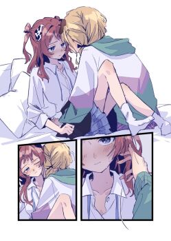 2girls blue_eyes blue_skirt blush brown_hair closed_mouth collared_shirt commentary_request cr_loop fujita_kotone gakuen_idolmaster green_jacket hanami_saki hand_in_another&#039;s_hair highres idolmaster jacket kiss kissing_neck long_hair multicolored_jacket multiple_girls on_bed one_eye_closed open_collar pillow purple_jacket shirt skirt socks two_side_up white_jacket white_shirt white_socks yuri