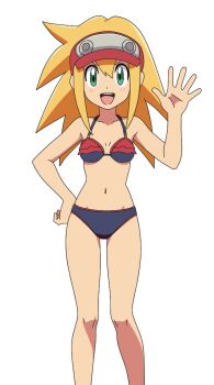 1girl :d bikini black_bikini blonde_hair breasts commentary cowboy_shot dot_nose english_commentary green_eyes hand_on_own_hip highres long_hair looking_at_viewer mega_man_(series) mega_man_legends mega_man_legends_(series) mnkr98 open_mouth roll_(mega_man) roll_caskett_(mega_man) sidelocks simple_background small_breasts smile solo standing swimsuit thighs visor_cap waving white_background