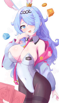 +_+ 1girl 1other absurdres animal_ears astral_party bare_shoulders black_pantyhose blue_eyes blue_hair blue_jacket blush breasts card cleavage coin collared_shirt commentary covered_navel crown detached_collar dice hair_between_eyes hair_over_one_eye hairband hand_up head_tilt highres holding holding_card jacket large_breasts leotard long_hair long_sleeves mimi_(astral_party) mini_crown necktie off_shoulder open_mouth pantyhose pink_necktie playboy_bunny pov pov_hands rabbit_ears shirt sidelocks simple_background smile standing thighband_pantyhose very_long_hair white_background white_leotard yeong100