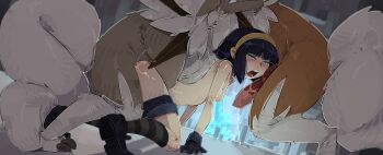 1girl 2boys absurdres all_fours animal_penis ass bare_shoulders bestiality black_gloves black_hair black_shoes black_socks blue_eyes blue_hair blue_shorts blunt_bangs blunt_ends blush bob_cut body_freckles breasts cave cave_interior claws clothes_pull commentary commission crystal denim denim_shorts doggystyle dutch_angle english_commentary freckles gen_7_pokemon gloves grey_socks group_sex hairband hetero highres inverted_bob kasia_mikolajczyk_(silverfox442) kneehighs knotted_penis looking_at_viewer looking_to_the_side loose_hair_strand lycanroc lycanroc_(dusk) lycanroc_(midday) mmf_threesome multiple_boys narrowed_eyes nintendo nipples no_panties on_floor on_ground open_mouth original penis pokemon pokemon_(creature) pokephilia saliva saliva_trail sex sex_from_behind shoes short_hair shorts shorts_pull shouting shuuko_(s_h_uuko) small_breasts socks solo_focus striped_clothes striped_socks teeth threesome topless_female uncensored upper_teeth_only yellow_hairband