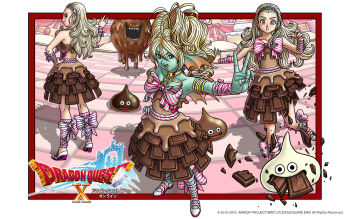 3girls 4others anlucea anlucea_the_maluminary aqua_skin armlet artist_request back_fin blonde_hair blue_eyes border bow chocolate colored_skin copyright_logo copyright_name creature_request curly_hair dragon_quest dragon_quest_x eating fins fish_girl food-themed_clothes food-themed_creature gold_armlet hair_pulled_back hand_on_own_hip head_fins heart high_ponytail highres jewelry leine_(dq10) logo long_hair looking_at_viewer looking_back mole mole_under_mouth multiple_armlets multiple_girls multiple_others official_art official_wallpaper open_mouth ponytail red_eyes silver_hairband slime_(dragon_quest) smile striped_bow third-party_source v white_border