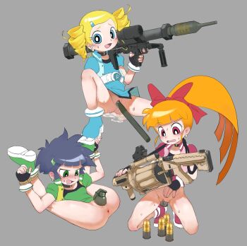 3girls absurdres akazutsumi_momoko anus blonde_hair blue_eyes blue_hair blue_vest blush boots bow explosive female_focus full_body goutokuji_miyako green_eyes green_vest grenade grenade_launcher grey_background hair_bow high_ponytail highres hyper_blossom kinshi76 kneeling legs_up loli long_hair looking_at_viewer lying matsubara_kaoru multiple_girls object_insertion on_back orange_hair pink_boots pink_vest ponytail powered_buttercup powerpuff_girls_z pussy red_eyes restrained rocket_launcher rolling_bubbles shoes short_hair short_twintails simple_background smile sneakers spread_legs twintails uncensored vaginal vaginal_object_insertion vest weapon