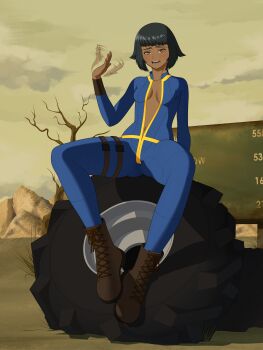 absurdres arianne_(artist) bodysuit boots commission dark-skinned_female dark_skin fallout fallout:_new_vegas fanning_face fanning_self highres hot legs_apart mia-b013 native_american no_bra no_panties sitting sitting_on_object unzipped unzipped_bodysuit unzipping vault_dweller vault_girl vault_suit