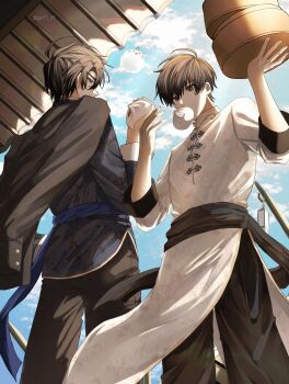 2boys awning bamboo_steamer biyoo_(omniscient_reader&#039;s_viewpoint) black_eyes black_hair black_jacket black_pants changpao check_clothing chinese_clothes clothing_request cloud cloudy_sky day feet_out_of_frame food food_in_mouth from_below highres holding holding_food jacket jacket_on_shoulders kim_dokja looking_at_viewer looking_back male_focus multiple_boys omniscient_reader&#039;s_viewpoint outdoors pants pelvic_curtain qxt7_ft short_hair sky yoo_joonghyuk